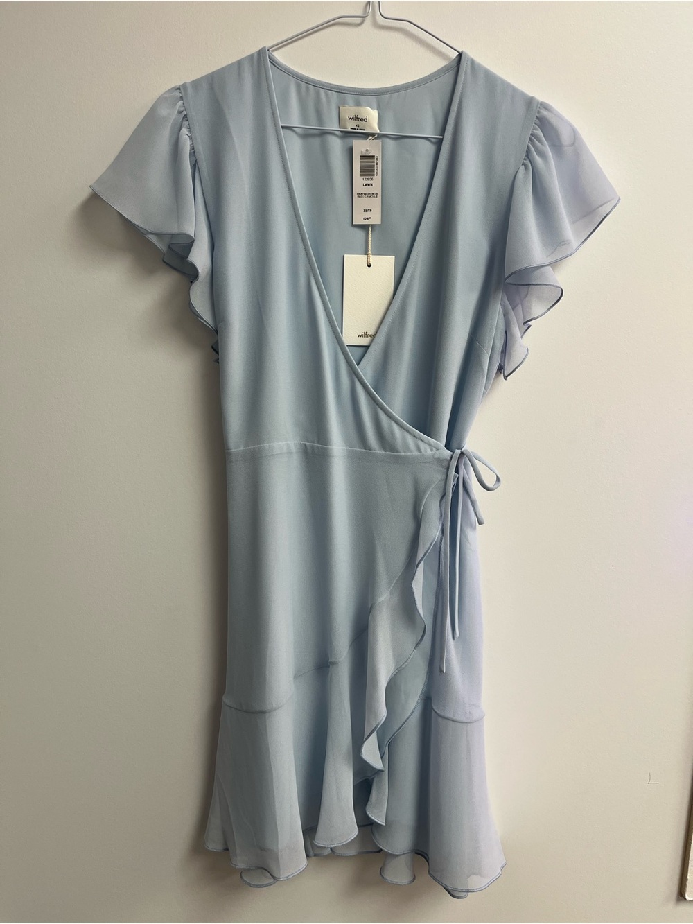 Wilfred Light Blue Wrap Mini Dress with Ruffle Trim